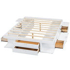 Lit plateforme queen blanc avec tiroirs de rangement et étagères ouvertes, 2 personnes