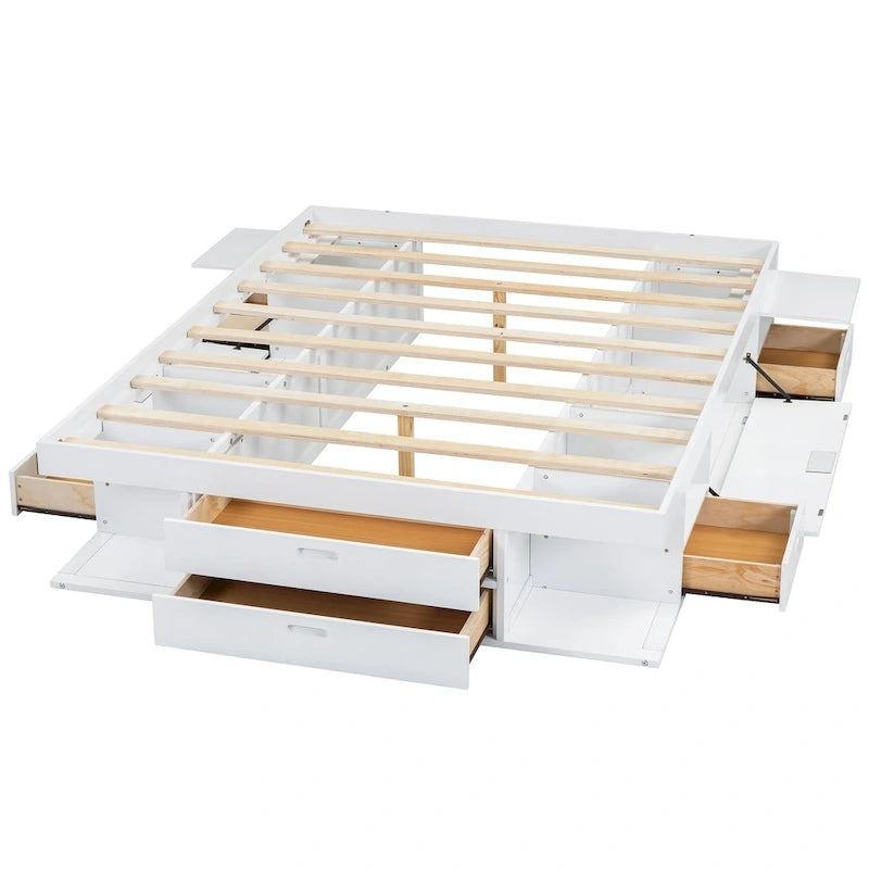 Lit plateforme queen blanc avec tiroirs de rangement et étagères ouvertes, 2 personnes
