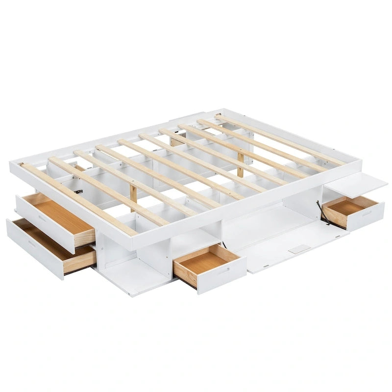 Lit plateforme queen blanc avec tiroirs de rangement et étagères ouvertes, 2 personnes