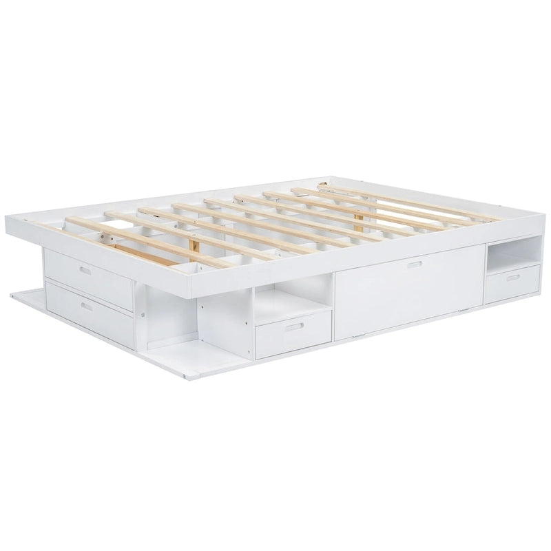 Lit plateforme queen blanc avec tiroirs de rangement et étagères ouvertes, 2 personnes