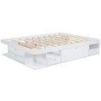 Lit plateforme queen blanc avec tiroirs de rangement et étagères ouvertes, 2 personnes