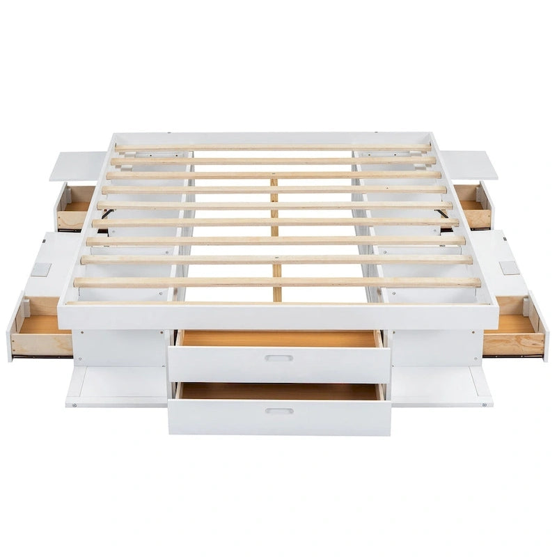 Lit plateforme queen blanc avec tiroirs de rangement et étagères ouvertes, 2 personnes