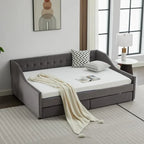 Canapé-lit jumeau en coton rayé gris/beige avec tiroirs de rangement, sièges et couchages pour 1 personne