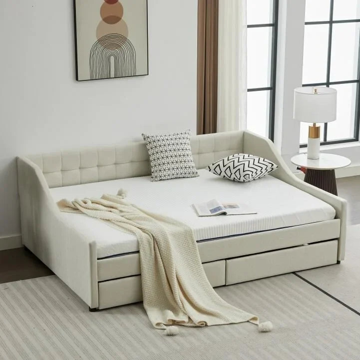 Canapé-lit jumeau en coton rayé gris/beige avec tiroirs de rangement, sièges et couchages pour 1 personne