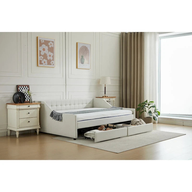 Canapé-lit jumeau en coton rayé gris/beige avec tiroirs de rangement, sièges et couchages pour 1 personne