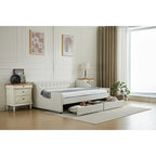 Canapé-lit jumeau en coton rayé gris/beige avec tiroirs de rangement, sièges et couchages pour 1 personne