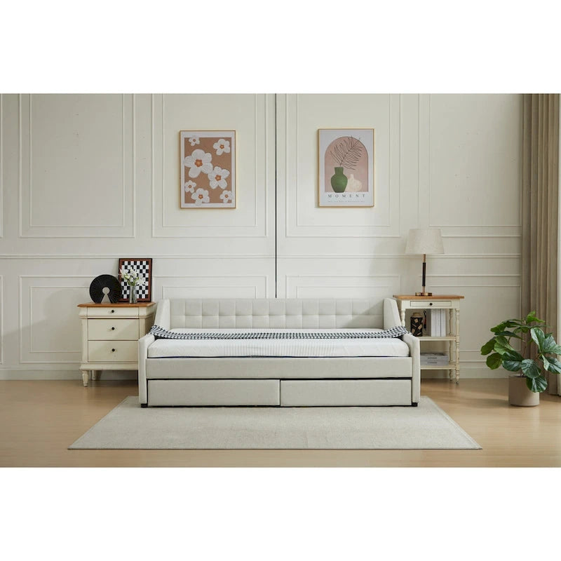 Canapé-lit jumeau en coton rayé gris/beige avec tiroirs de rangement, sièges et couchages pour 1 personne