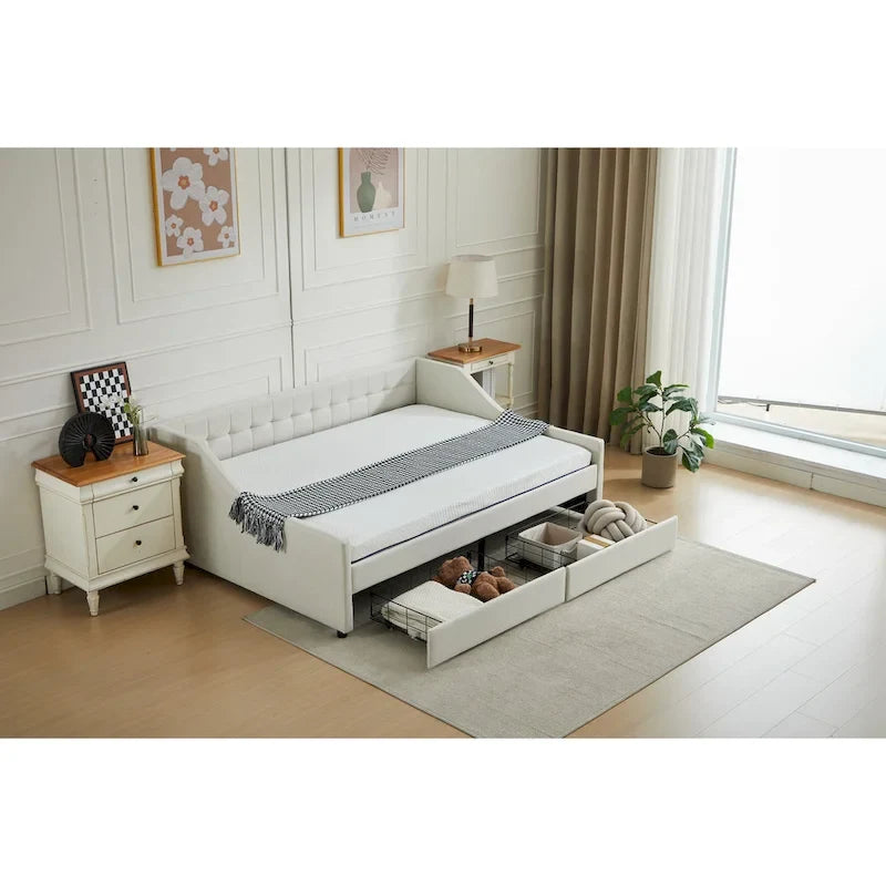 Canapé-lit jumeau en coton rayé gris/beige avec tiroirs de rangement, sièges et couchages pour 1 personne