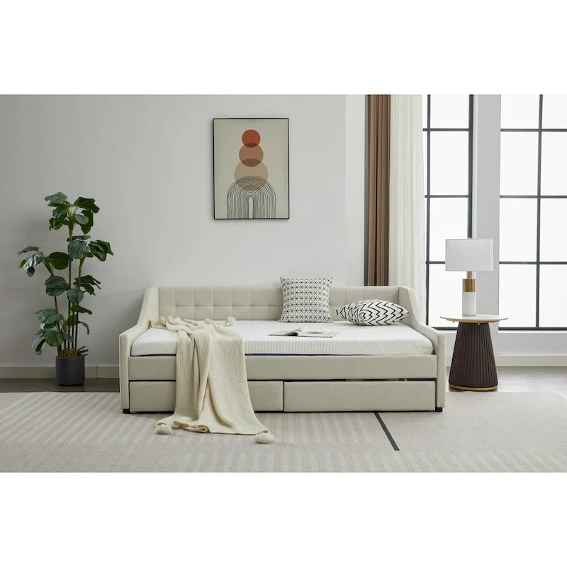 Canapé-lit jumeau en coton rayé gris/beige avec tiroirs de rangement, sièges et couchages pour 1 personne