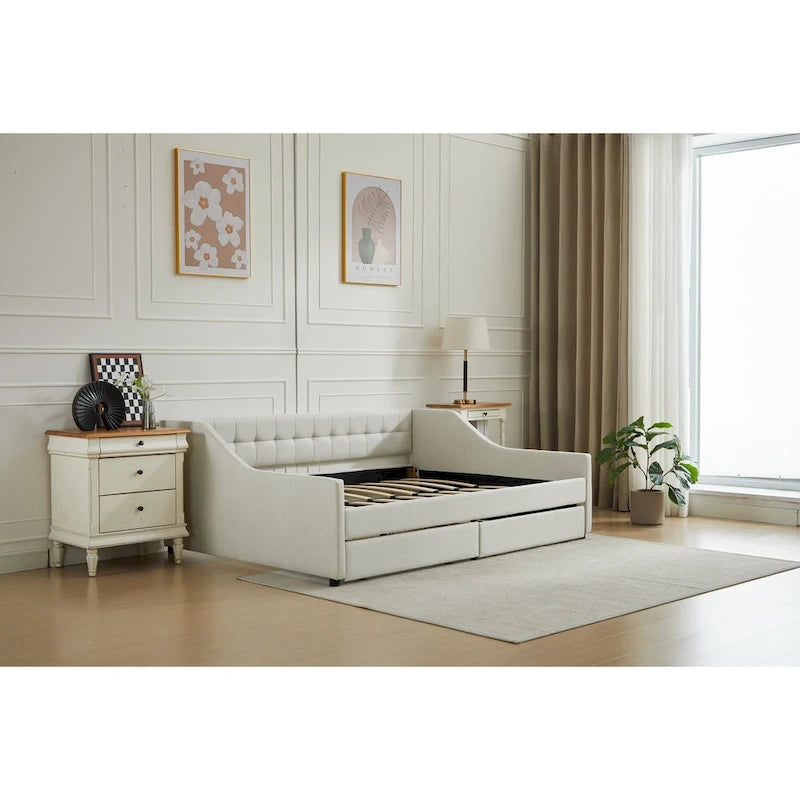 Canapé-lit jumeau en coton rayé gris/beige avec tiroirs de rangement, sièges et couchages pour 1 personne
