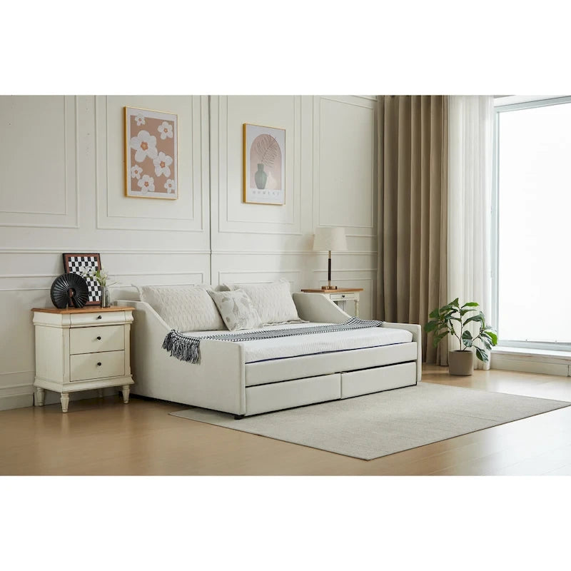 Canapé-lit jumeau en coton rayé gris/beige avec tiroirs de rangement, sièges et couchages pour 1 personne
