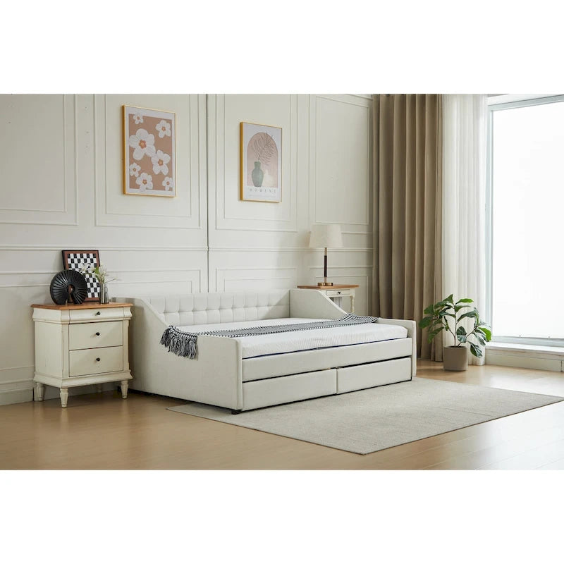 Canapé-lit jumeau en coton rayé gris/beige avec tiroirs de rangement, sièges et couchages pour 1 personne
