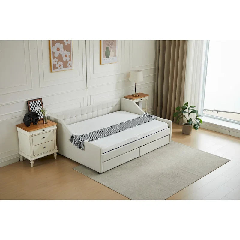 Canapé-lit jumeau en coton rayé gris/beige avec tiroirs de rangement, sièges et couchages pour 1 personne