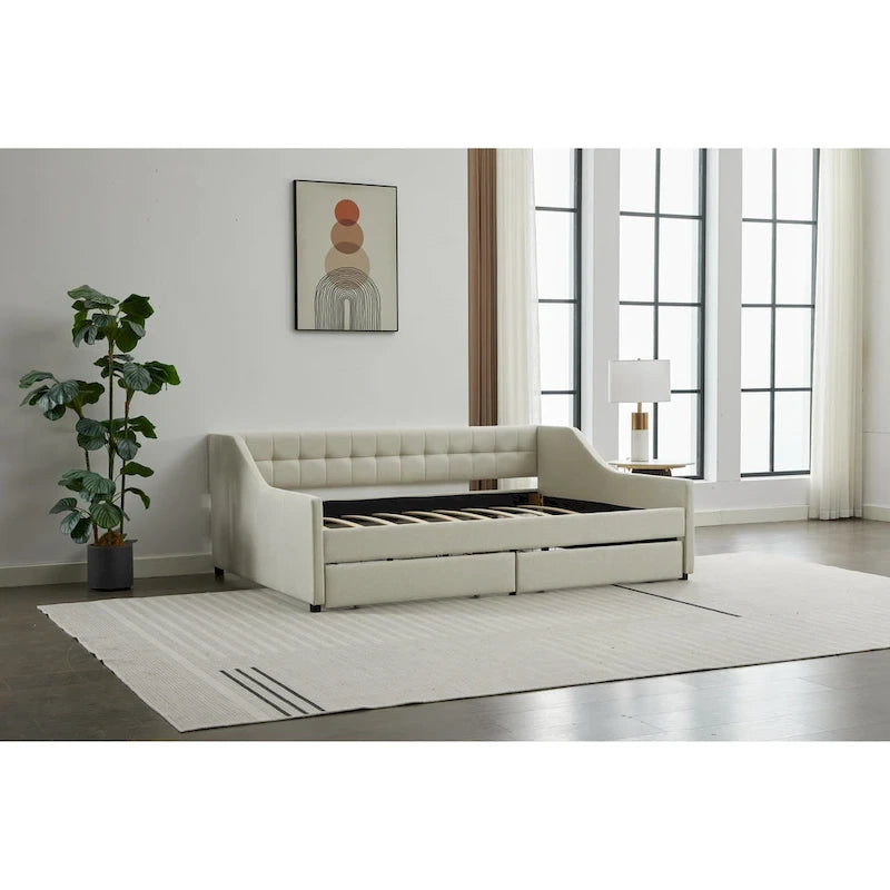 Canapé-lit jumeau en coton rayé gris/beige avec tiroirs de rangement, sièges et couchages pour 1 personne