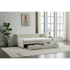 Canapé-lit jumeau en coton rayé gris/beige avec tiroirs de rangement, sièges et couchages pour 1 personne