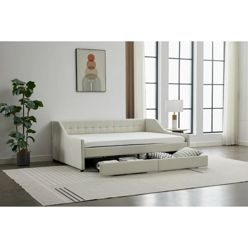 Canapé-lit jumeau en coton rayé gris/beige avec tiroirs de rangement, sièges et couchages pour 1 personne