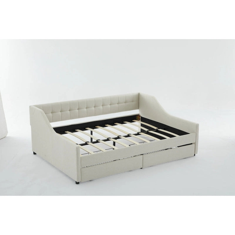 Canapé-lit jumeau en coton rayé gris/beige avec tiroirs de rangement, sièges et couchages pour 1 personne