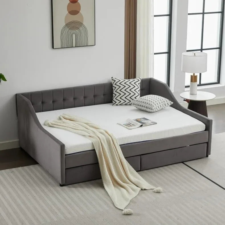 Canapé-lit jumeau en coton rayé gris/beige avec tiroirs de rangement, sièges et couchages pour 1 personne