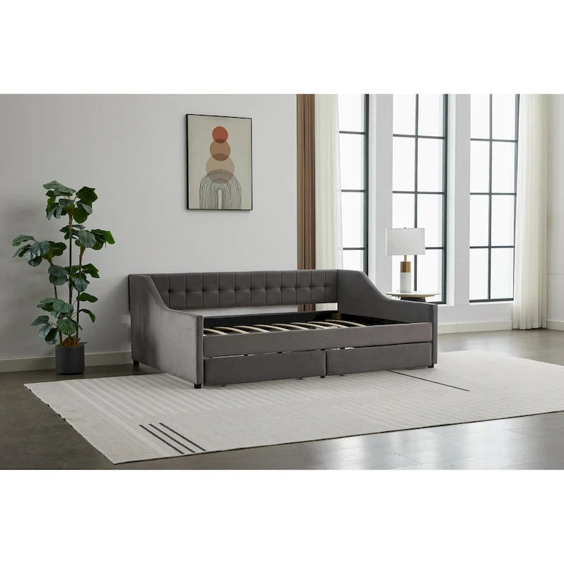 Canapé-lit jumeau en coton rayé gris/beige avec tiroirs de rangement, sièges et couchages pour 1 personne