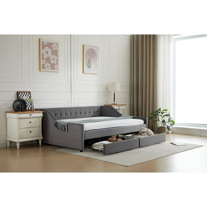 Canapé-lit jumeau en coton rayé gris/beige avec tiroirs de rangement, sièges et couchages pour 1 personne