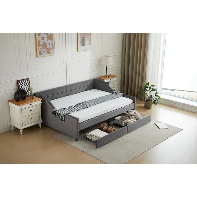 Canapé-lit jumeau en coton rayé gris/beige avec tiroirs de rangement, sièges et couchages pour 1 personne