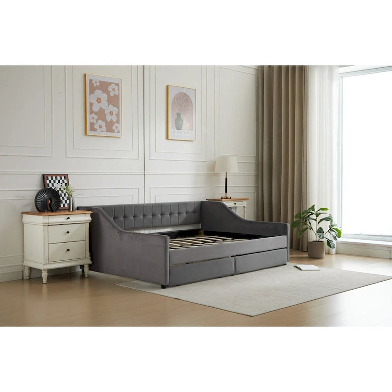 Canapé-lit jumeau en coton rayé gris/beige avec tiroirs de rangement, sièges et couchages pour 1 personne