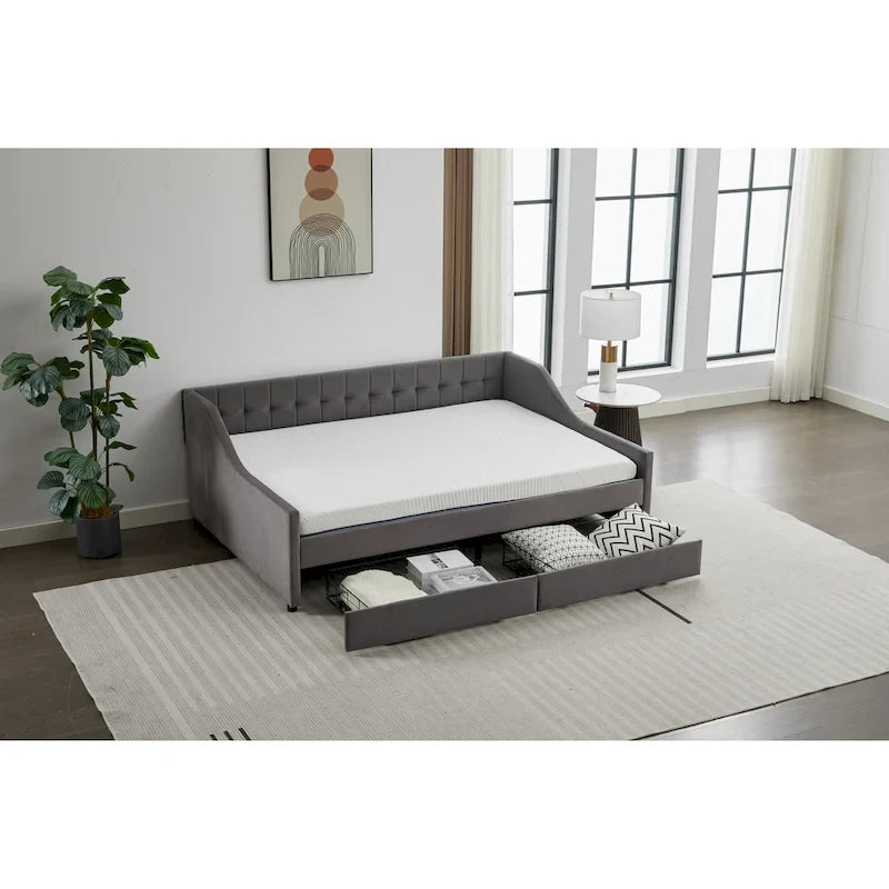 Canapé-lit jumeau en coton rayé gris/beige avec tiroirs de rangement, sièges et couchages pour 1 personne