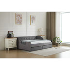 Canapé-lit jumeau en coton rayé gris/beige avec tiroirs de rangement, sièges et couchages pour 1 personne