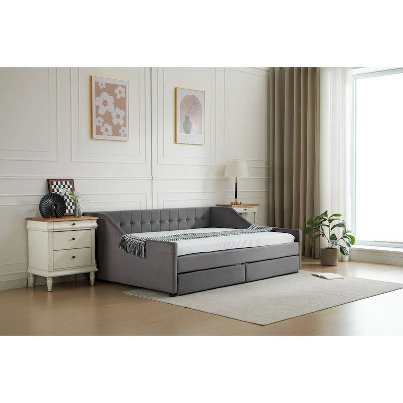 Canapé-lit jumeau en coton rayé gris/beige avec tiroirs de rangement, sièges et couchages pour 1 personne