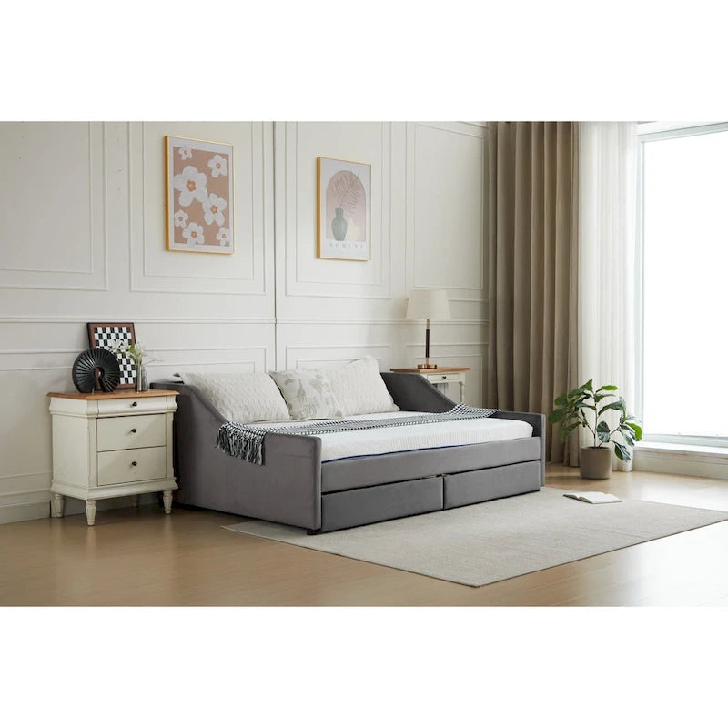 Canapé-lit jumeau en coton rayé gris/beige avec tiroirs de rangement, sièges et couchages pour 1 personne