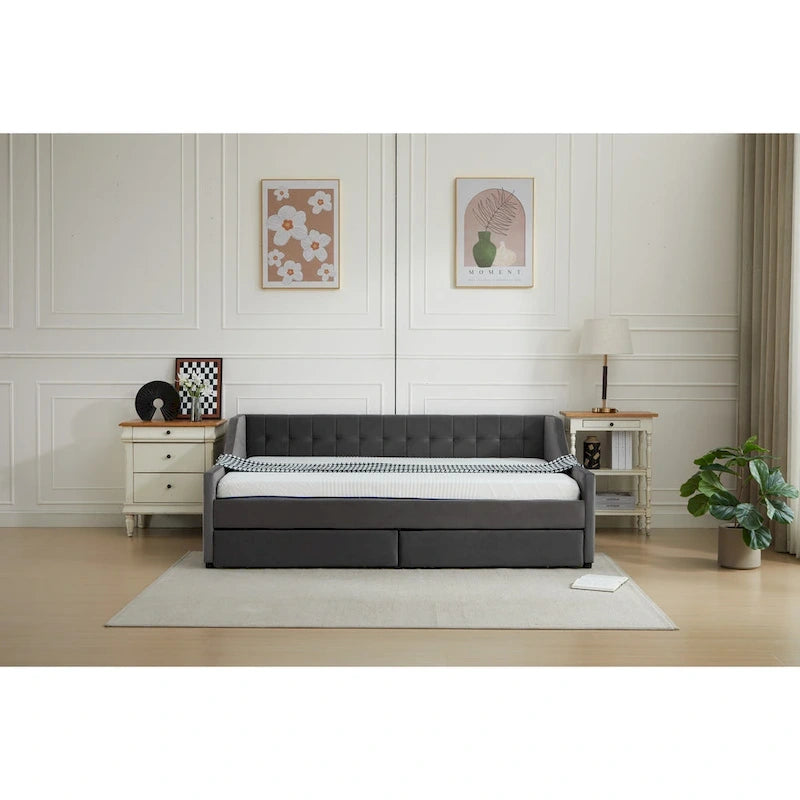 Canapé-lit jumeau en coton rayé gris/beige avec tiroirs de rangement, sièges et couchages pour 1 personne