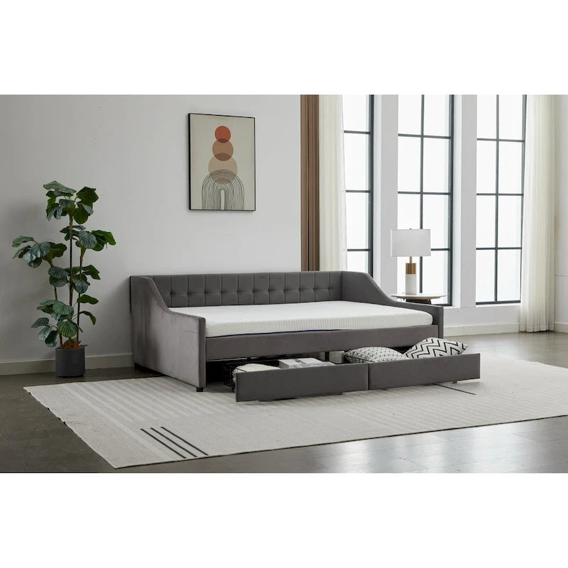 Canapé-lit jumeau en coton rayé gris/beige avec tiroirs de rangement, sièges et couchages pour 1 personne