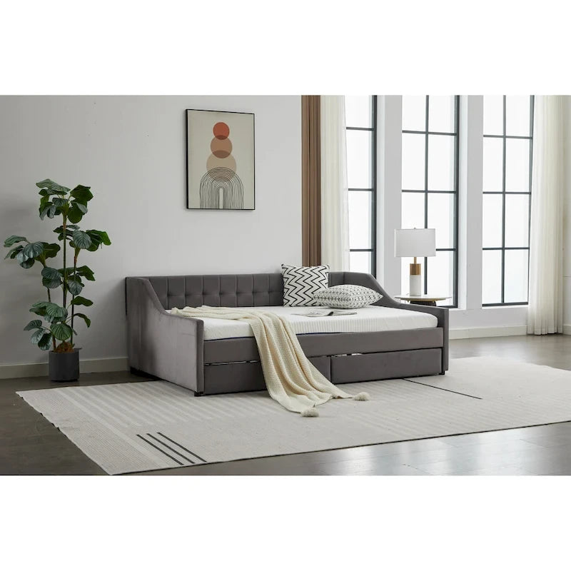 Canapé-lit jumeau en coton rayé gris/beige avec tiroirs de rangement, sièges et couchages pour 1 personne