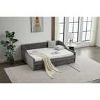 Canapé-lit jumeau en coton rayé gris/beige avec tiroirs de rangement, sièges et couchages pour 1 personne