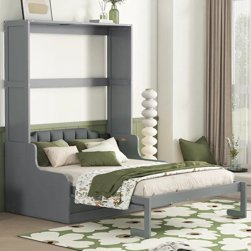 Lit mural escamotable Queen avec coussin de chaise pliant, Expresso / Gris / Blanc, 1 place
