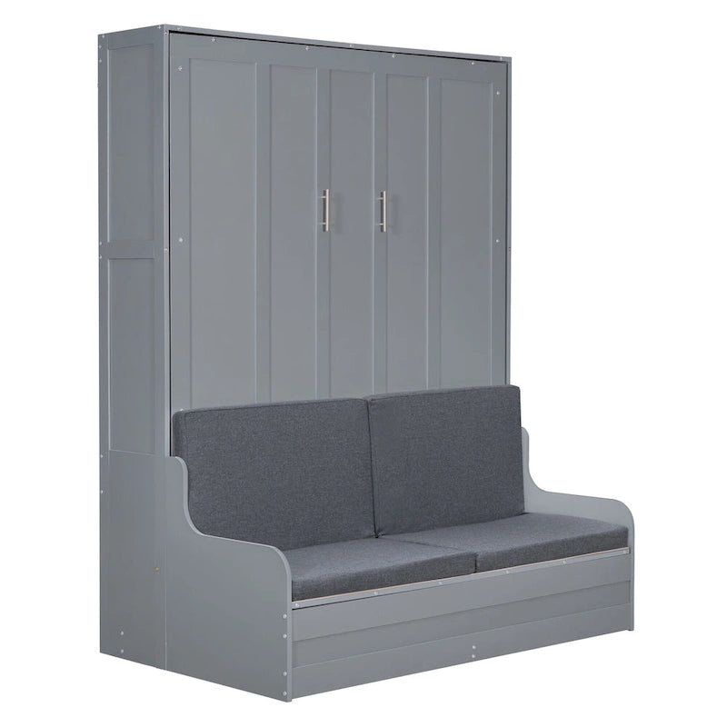 Lit mural escamotable Queen avec coussin de chaise pliant, Expresso / Gris / Blanc, 1 place