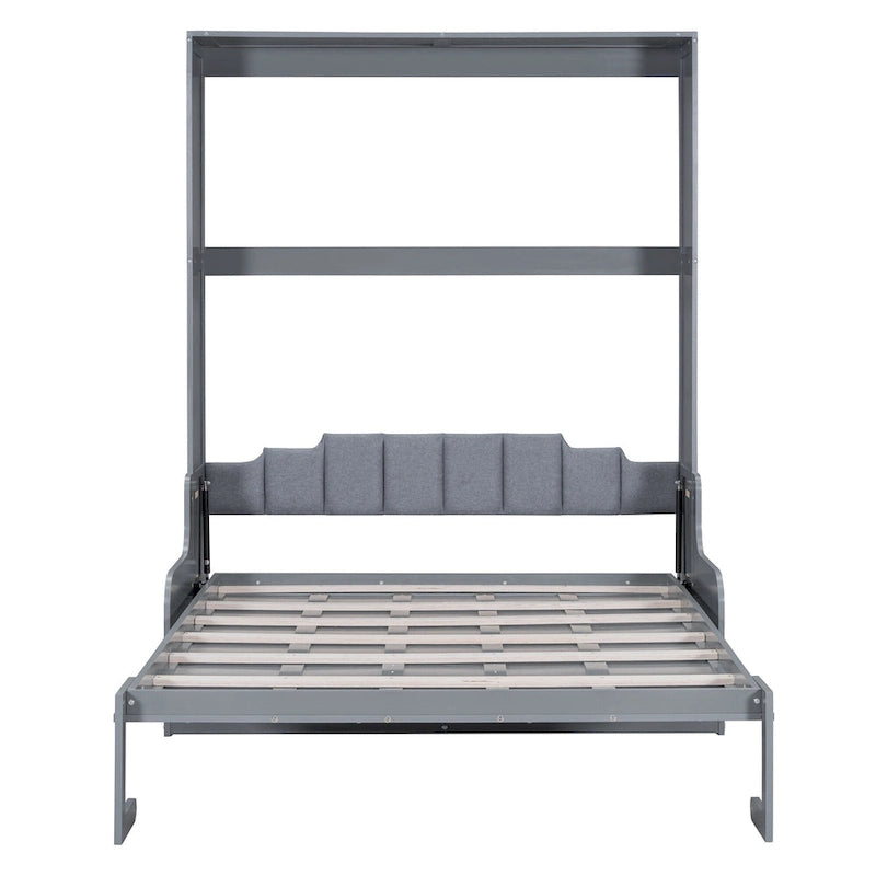 Lit mural escamotable Queen avec coussin de chaise pliant, Expresso / Gris / Blanc, 1 place