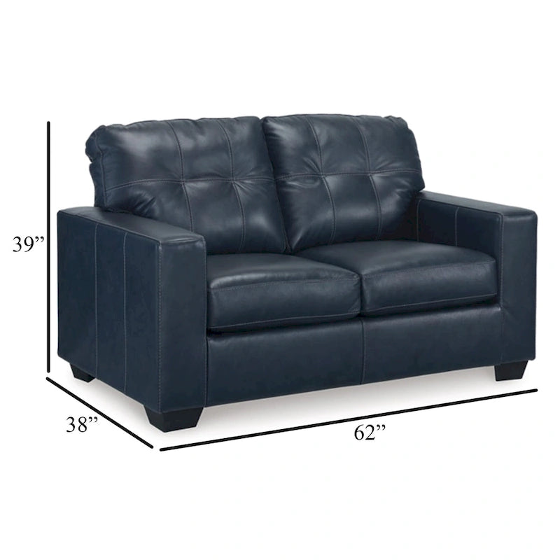 Causeuse Orion, sièges en cuir véritable et similicuir touffetés bleu océan, 62 pouces