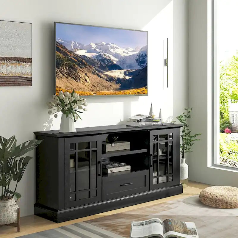 Meuble TV de ferme Gymax pour téléviseurs jusqu'à 70 po Centre média avec verre