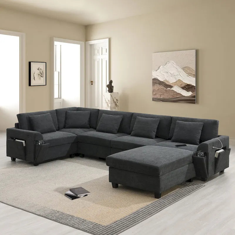 Canapé d'angle en chenille noire en forme de U, 6 places