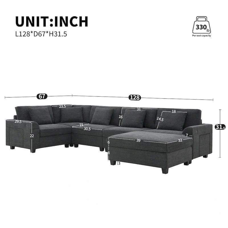 Canapé d'angle en chenille noire en forme de U, 6 places