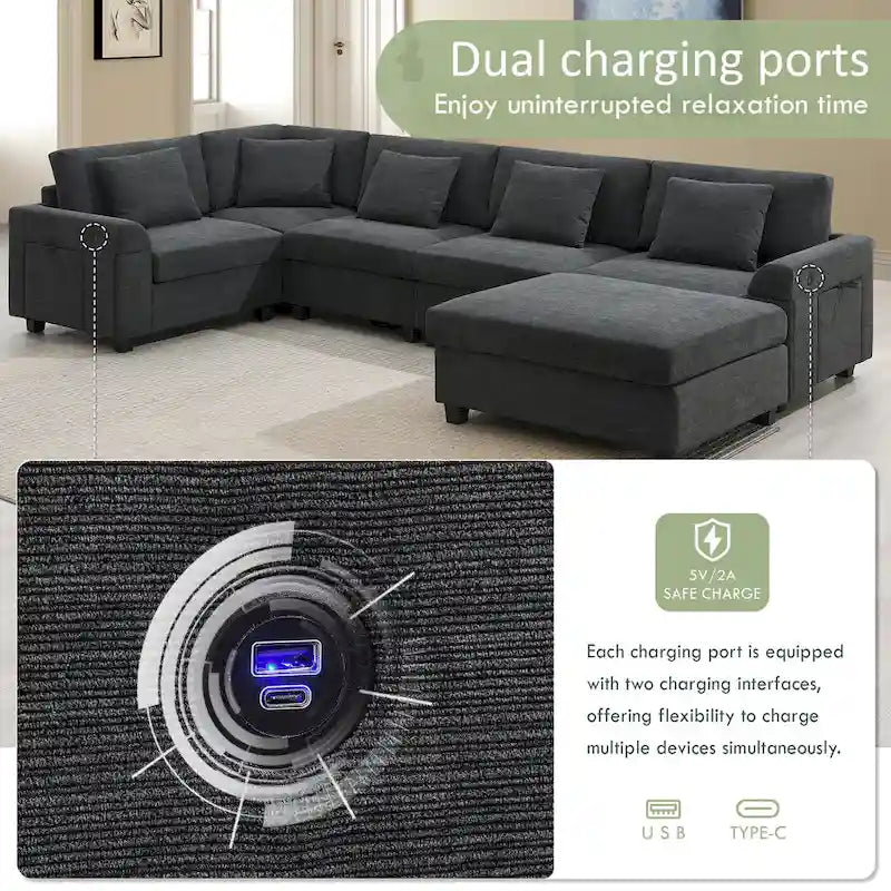 Canapé d'angle en chenille noire en forme de U, 6 places
