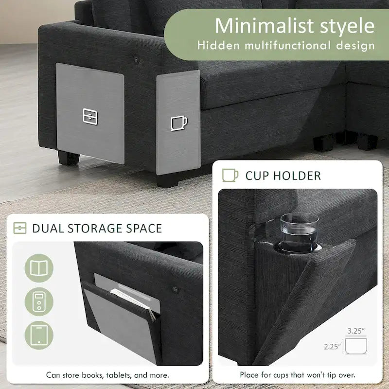 Canapé d'angle en chenille noire en forme de U, 6 places