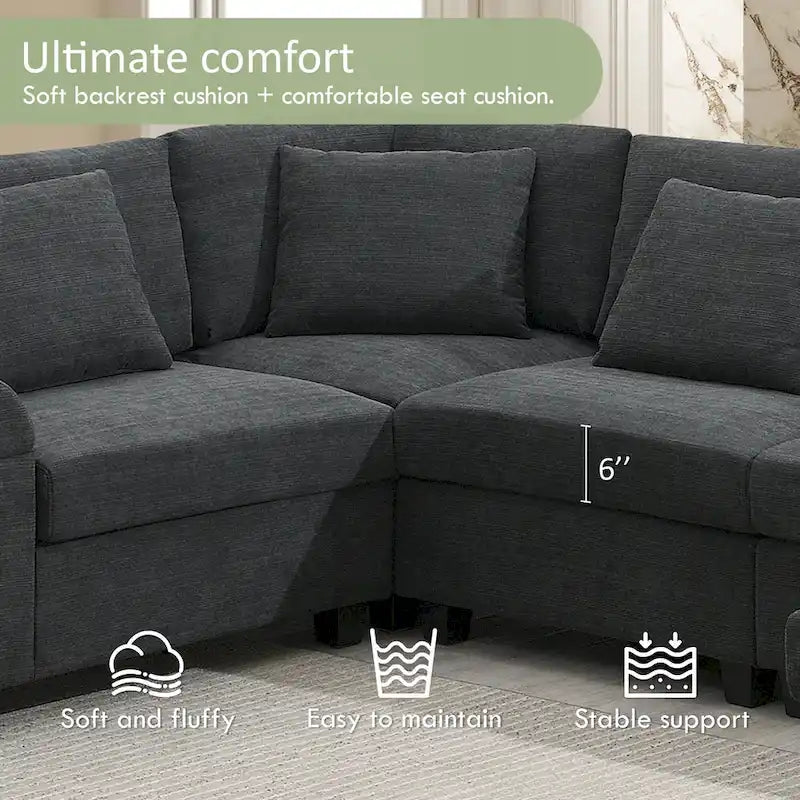 Canapé d'angle en chenille noire en forme de U, 6 places