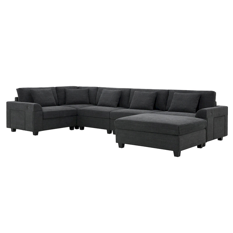 Canapé d'angle en chenille noire en forme de U, 6 places