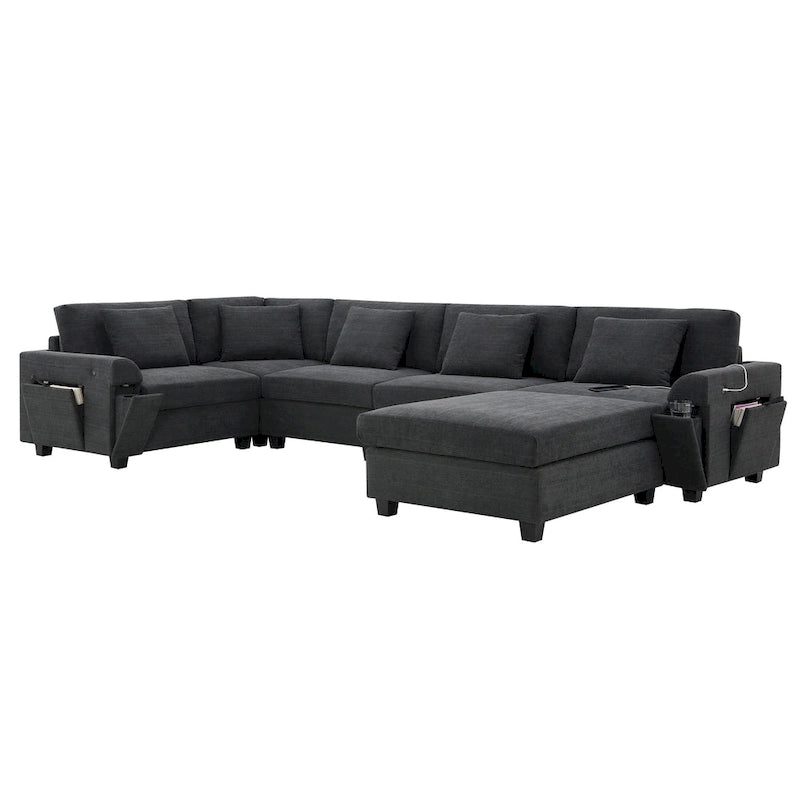 Canapé d'angle en chenille noire en forme de U, 6 places