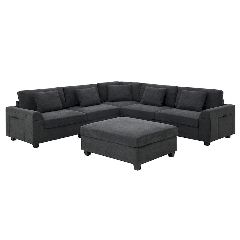 Canapé d'angle en chenille noire en forme de U, 6 places