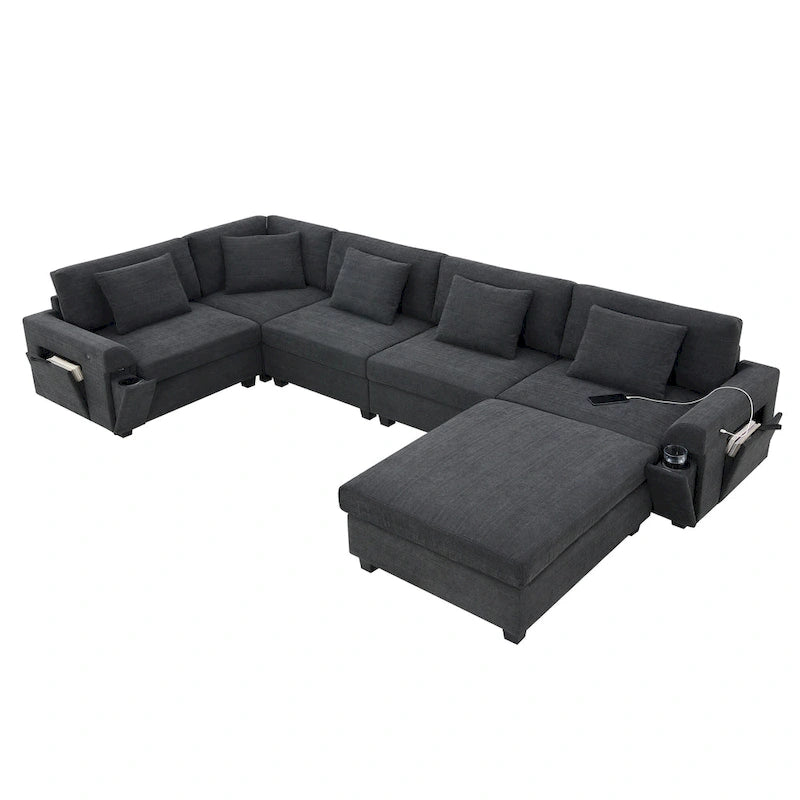 Canapé d'angle en chenille noire en forme de U, 6 places