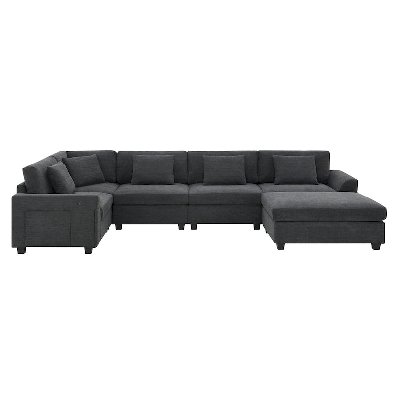 Canapé d'angle en chenille noire en forme de U, 6 places