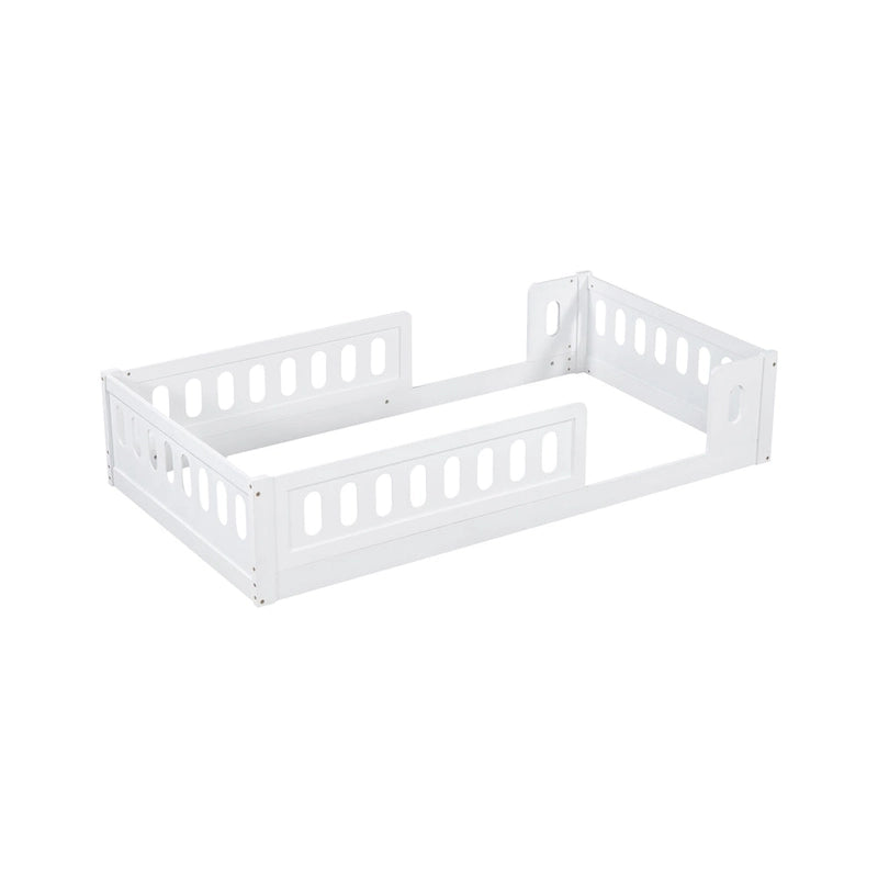 Lit plateforme une personne (deux places) blanc/naturel avec barrière de sécurité